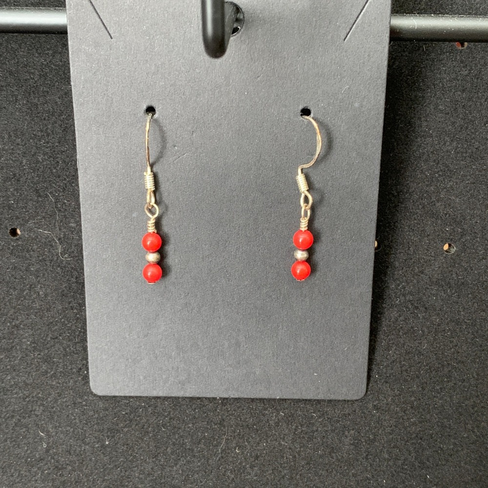 925 Sterling Silver Red Coral Desert Pearl Drop Dangle Earrings Southwestern